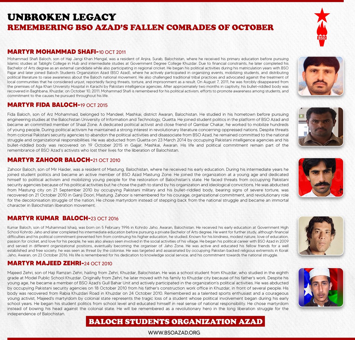 BSO__AZAD's tweet photo. 𝐔𝐧𝐛𝐫𝐨𝐤𝐞𝐧 𝐋𝐞𝐠𝐚𝐜𝐲 
𝐑𝐞𝐦𝐞𝐦𝐛𝐞𝐫𝐢𝐧𝐠 𝐁𝐒𝐎 𝐀𝐳𝐚𝐝’𝐬 𝐅𝐚𝐥𝐥𝐞𝐧 𝐂𝐨𝐦𝐫𝐚𝐝𝐞𝐬 𝐨𝐟 𝐎𝐜𝐭𝐨𝐛𝐞𝐫 

𝗠𝗮𝗿𝘁𝘆𝗿 𝗭𝘂𝗯𝗮𝗶𝗿 𝗭𝗮𝗵𝗶𝗱 
𝟬𝟯 𝗢𝗰𝘁, 𝟮𝟬𝟭𝟭

𝗠𝗮𝗿𝘁𝘆𝗿 𝗛𝗮𝘀𝗶𝗹 𝗕𝗮𝗹𝗼𝗰𝗵 
𝟬𝟱 𝗢𝗰𝘁, 𝟮𝟬𝟭𝟱

𝗠𝗮𝗿𝘁𝘆𝗿 𝗛𝗮𝗿𝗼𝗼𝗻 𝗭𝗲𝗵𝗿𝗶 
𝟬𝟳 𝗢𝗰𝘁, 𝟮𝟬𝟭𝟮

𝗠𝗮𝗿𝘁𝘆𝗿 𝗬𝗼𝘂𝘀𝘂𝗳 𝗕𝗮𝗹𝗼𝗰𝗵 
𝟬𝟵 𝗢𝗰𝘁, 𝟮𝟬𝟭𝟯 

𝗠𝗮𝗿𝘁𝘆𝗿 𝗪𝗮𝗵𝗲𝗲𝗱 𝗕𝗮𝗹𝗼𝗰𝗵 
𝟬𝟵 𝗢𝗰𝘁, 𝟮𝟬𝟭𝟭

𝗠𝗮𝗿𝘁𝘆𝗿 𝗠𝗼𝗵𝗮𝗺𝗺𝗮𝗱 𝗦𝗵𝗮𝗳𝗶 
𝟭𝟬 𝗢𝗰𝘁, 𝟮𝟬𝟭𝟭

𝗠𝗮𝗿𝘁𝘆𝗿 𝗙𝗶𝗱𝗮 𝗕𝗮𝗹𝗼𝗰𝗵
𝟭𝟵 𝗢𝗰𝘁, 𝟮𝟬𝟭𝟱

𝗠𝗮𝗿𝘁𝘆𝗿 𝗭𝗮𝗵𝗼𝗼𝗿 𝗕𝗮𝗹𝗼𝗰𝗵 
𝟮𝟭 𝗢𝗰𝘁, 𝟮𝟬𝟭𝟬

𝗠𝗮𝗿𝘁𝘆𝗿 𝗞𝘂𝗺𝗮𝗿 𝗕𝗮𝗹𝗼𝗰𝗵 
𝟮𝟯 𝗢𝗰𝘁, 𝟮𝟬𝟭𝟲 

𝗠𝗮𝗿𝘁𝘆𝗿 𝗠𝗮𝗷𝗲𝗲𝗱 𝗭𝗲𝗵𝗿𝗶 
𝟮𝟰 𝗢𝗰𝘁, 𝟮𝟬𝟭𝟬

To read the complete profiles click here 
https://t.co/b4uslUvvLH

#TheFallenComradesOfBSOAzad