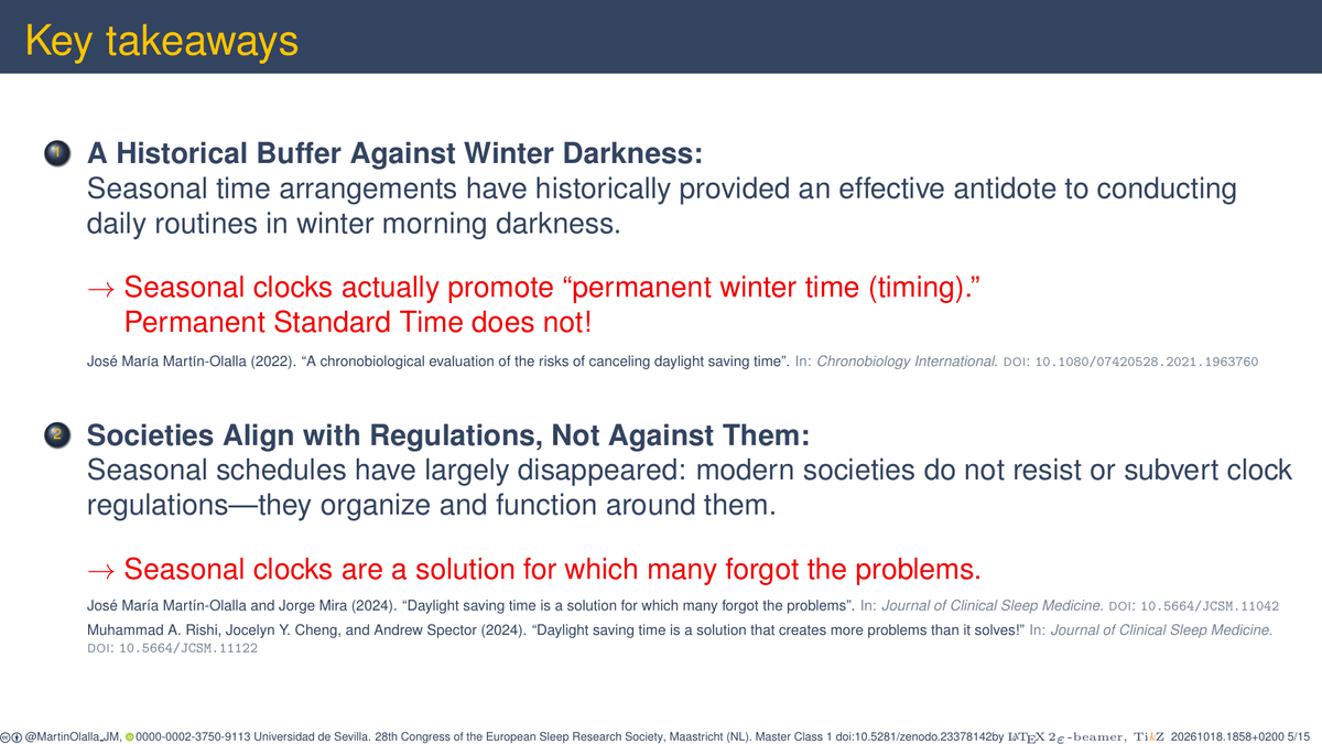 MartinOlalla_JM's tweet photo. Attended #SleepEurope2026 this week for the 28th ESRS Congress! 🧠⏰

In my talk, I explored how current DST policies help sustain the circadian ideal of morning light exposure, and why clock shifts can actually be circadian-friendly depending on latitude. ⤵️ https://t.co/EidN0vFeY0