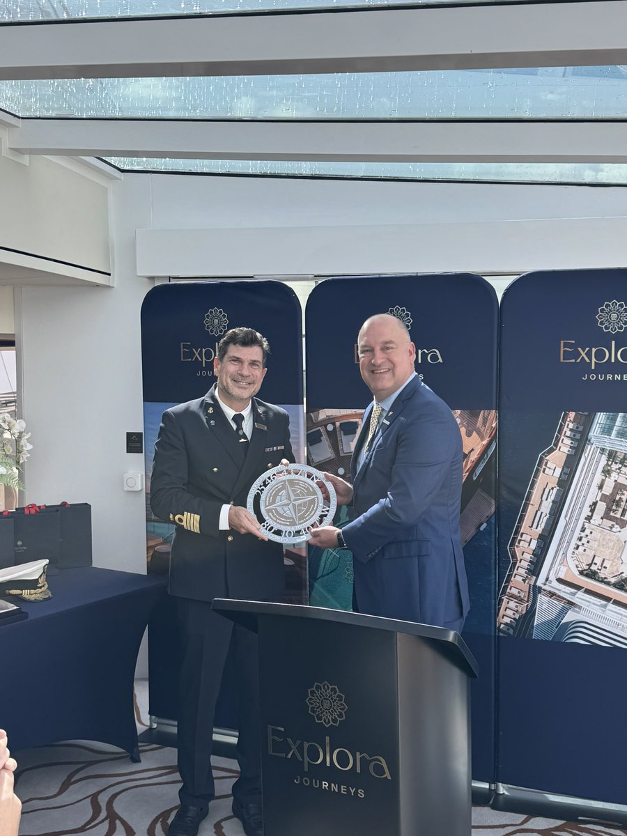 PortMiami's tweet photo. Welcome to PortMiami, @ExploraJourneys’ Explora III! 🚢✨

To commemorate the ship’s arrival to the Cruise Capital of the World ®, #PortMiami Director and CEO Jonathan Daniels joined Chairman of @MSCCruisesUSA  Rick Sasso, @CLIAGlobal President and CEO Bud Darr, Consul General of Switzerland Rene Riedi and Captain Pietro Sinisi for a ceremonial plaque exchange, celebrating a special moment for PortMiami. 

We look forward to many memorable voyages ahead.