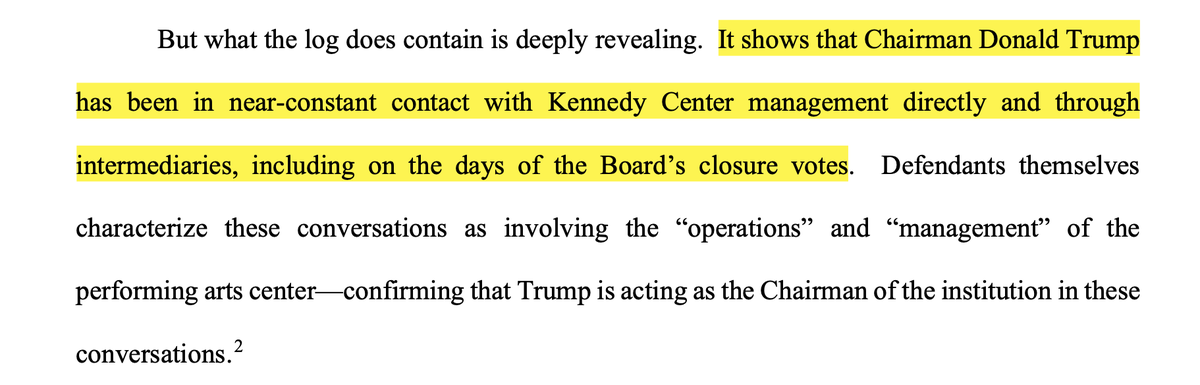 rparloff's tweet photo. Kennedy Center plaintiff, protesting Trump's vast invocation of presidential comms privilege, says Trump's privilege log shows he has been in "near-constant" contact with mgmt, either directly or thru Natalie Harp or Howard Lutnick. (Lutnick is not an officer, employee or trustee of KC.)
