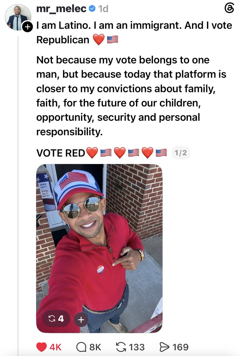 ScottPresler's tweet photo. “I am Latino. I am an immigrant. And I vote Republican ❤️🇺🇸

Not because my vote belongs to one man, but because today that platform is closer to my convictions about family, faith, for the future of our children, opportunity, security and personal responsibility.

VOTE RED❤️🇺🇸❤️🇺🇸❤️🇺🇸￼”