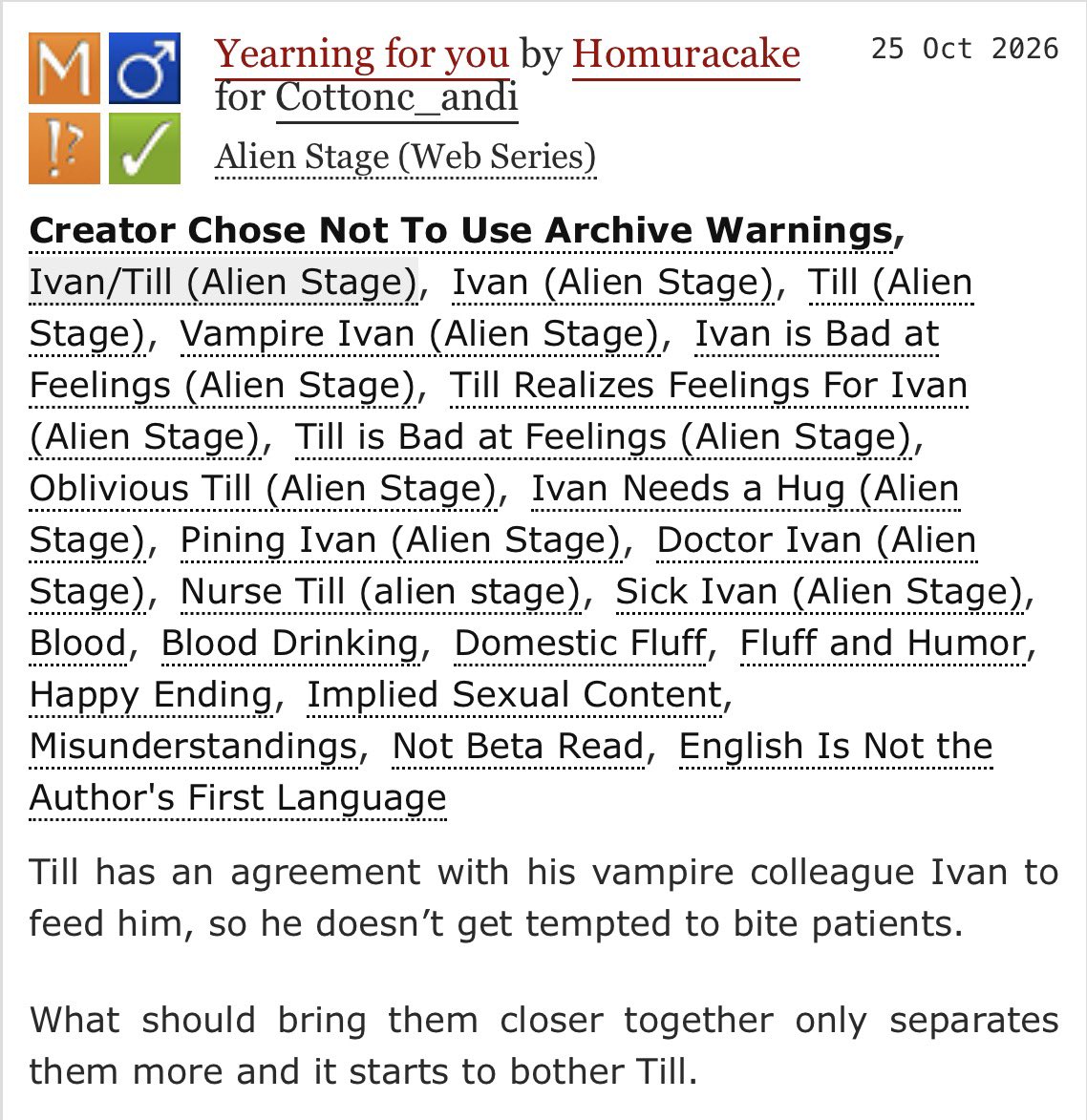 homuraslovegem's tweet photo. A fic for @cottonc_andi as late birthday gift🥺
Vampire Ivan x Human Till: https://t.co/esVltfSppZ https://t.co/0mIYeAiQ7F
