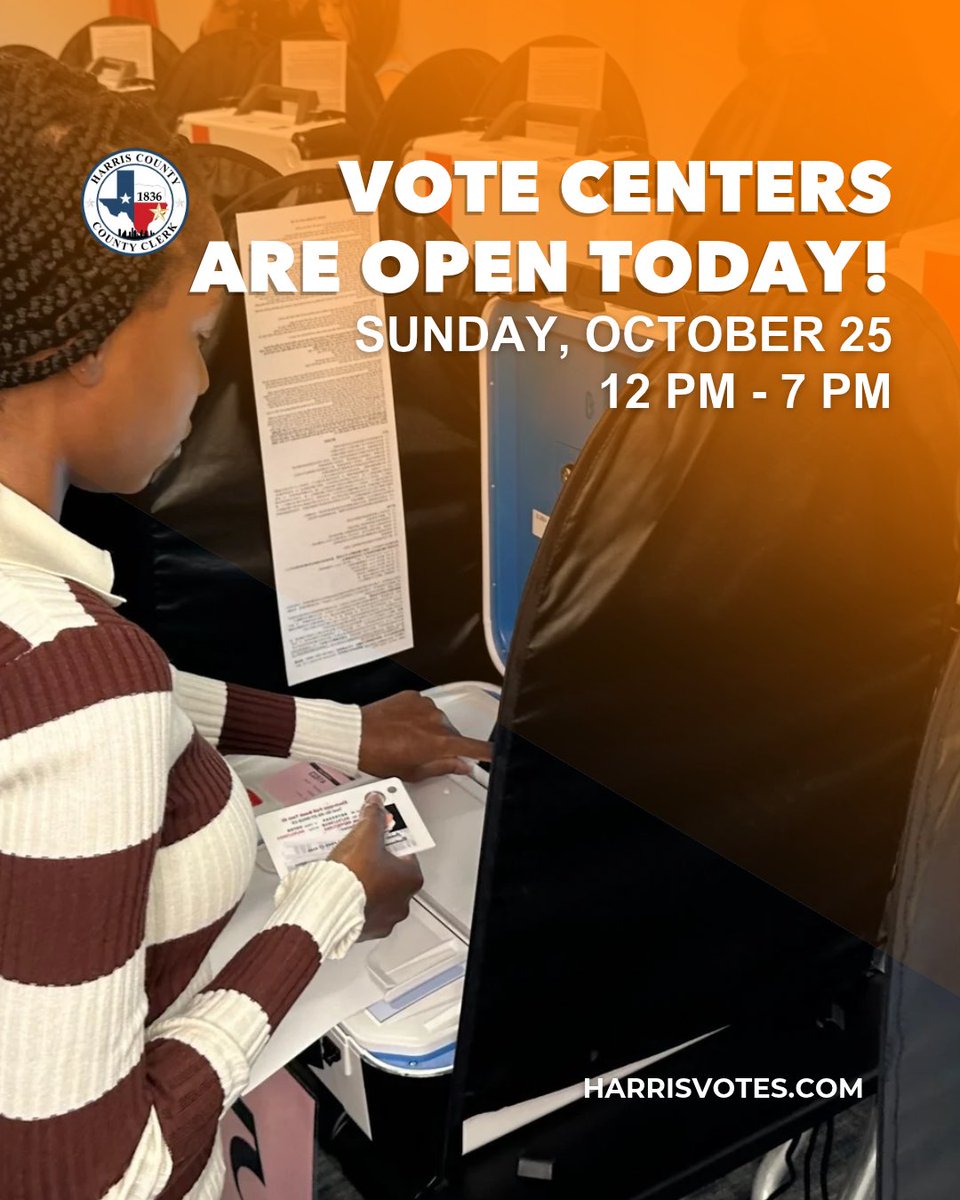 HarrisVotes's tweet photo. 🗳️ Polls are open today!

Sunday Early Voting hours are 12 p.m. – 7 p.m. for the November 3, General &amp; Special Elections.

Make your plan and find your location at https://t.co/MEQ5eFlb9W. https://t.co/pYKzEHtvsj