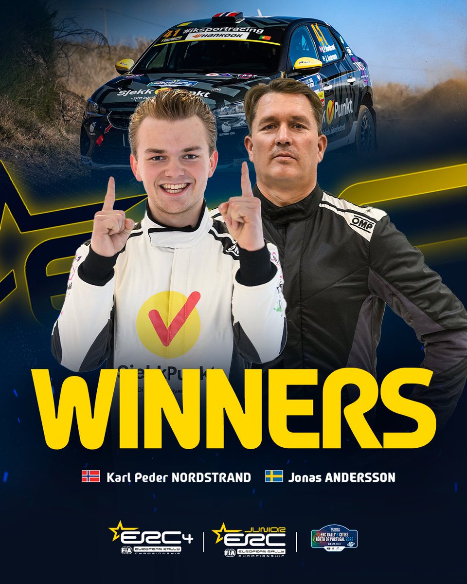 FIAERC's tweet photo. DOMINANT IN PORTUGAL! 🏆

Karl Peder Nordstrand and Jonas Andersson take a commanding victory in Junior ERC and ERC4 at Rally Six Cities North of Portugal! 👏

#FIAERC | #RallySixCitiesNorthofPortugal 🇵🇹 https://t.co/TPn5JB9GsT