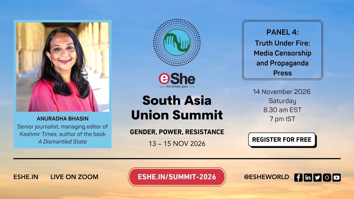eSheWorld's tweet photo. Kashmir Times managing editor Anuradha Bhasin @AnuradhaBhasin_ , author of A Dismantled State, joins Panel 4 of #SAUS2026: Truth Under Fire: Media Censorship and Propaganda Press.
🗓 Sat Nov 14, 8:30 am EST / 7 pm IST 
Free on Zoom: https://t.co/gRx1njjbQ6
#PressFreedom https://t.co/Ib2YZi7td9