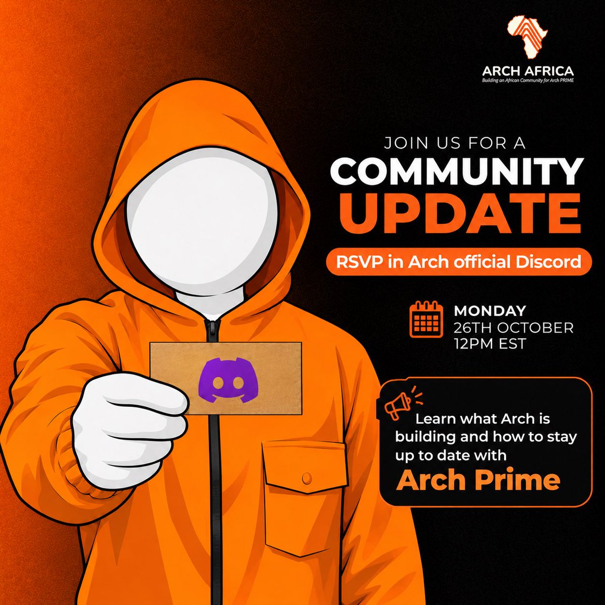 Arch_Afric's tweet photo. Join us on Monday for an educating and exciting AMA Session with the team at @Arch 

AMA time is 5pm WAT

Got questions about arch/arch prime kindly fill the form below and all of your questions will be answered at the AMA on Discord. 

submit your questions here: https://t.co/KiUN1ca7pC

Link to Discord: https://t.co/BnD1pfMpgs