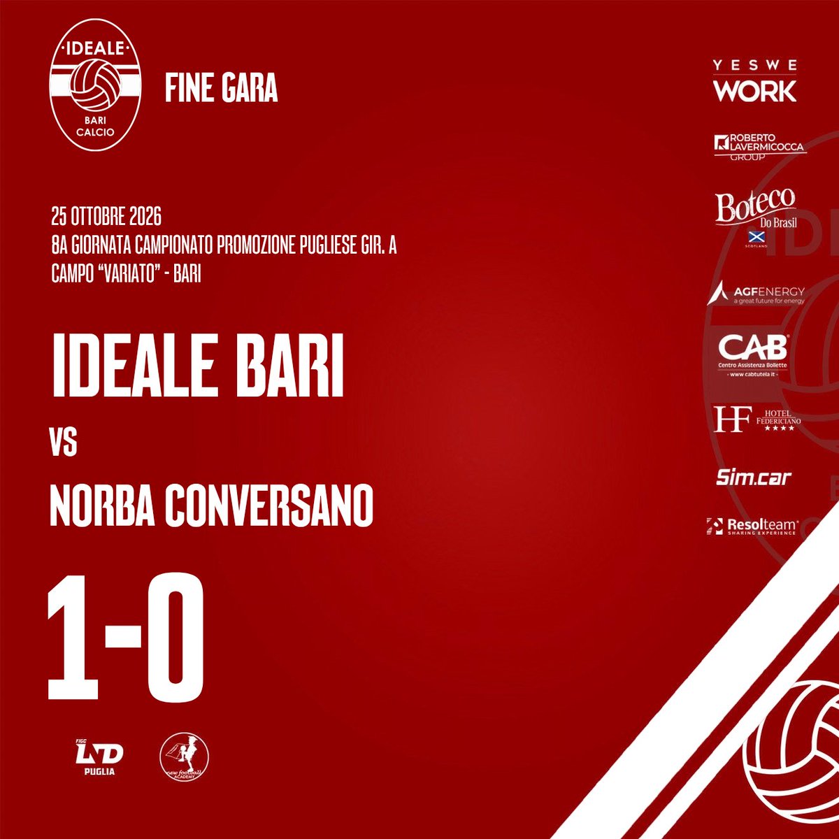 IdealeBari's tweet photo. Dellino gol, al "Variato" passiamo ancora noi! 💪

#supportish #idealebari #stagione2627 ⚪🔴 https://t.co/QSw0yzBqkW