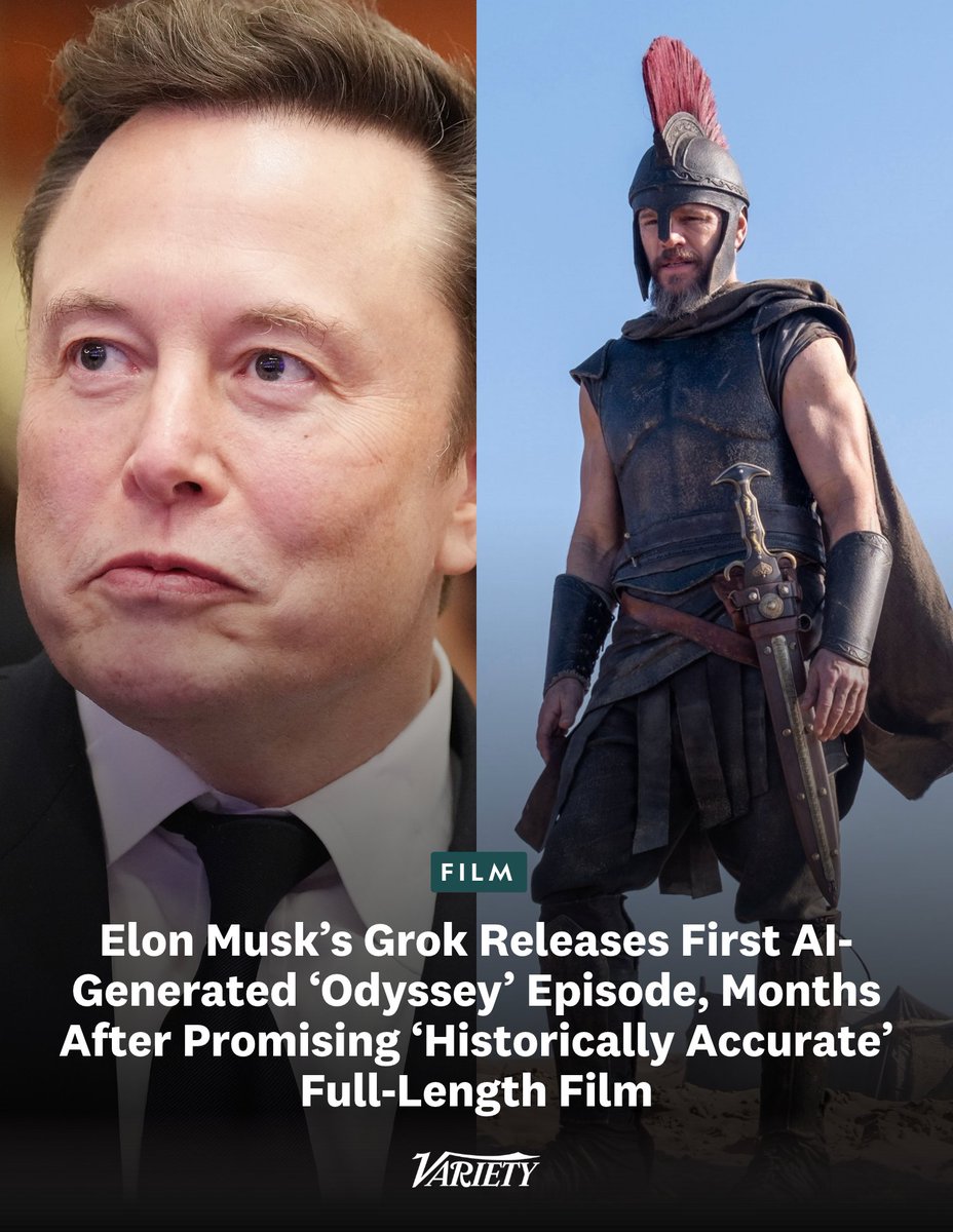 Variety's tweet photo. Months after Elon Musk promised that his AI tool Grok Imagine would create an entirely AI-generated, feature-length version of “The Odyssey,” the tech mogul has partially followed through on the claim.

The company shared the first 7-minute, AI-generated episode of the “Odyssey” series on X on Friday.  

https://t.co/Vv1fbWU1Co