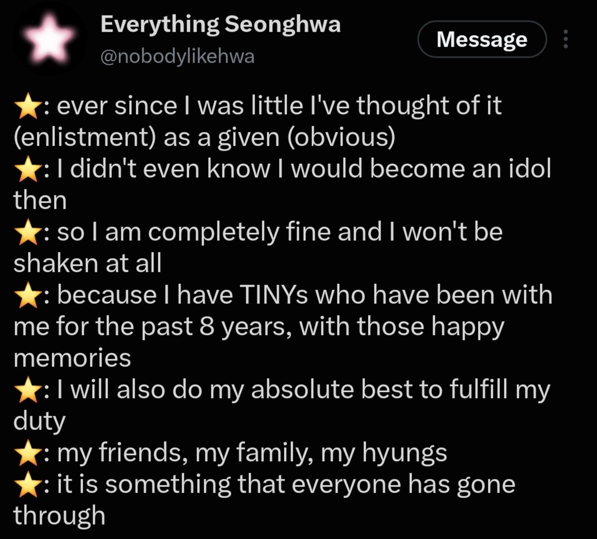 fatimatiny81's tweet photo. i think in my 5 years of loving kpop, this is the most refreshing way an idol has talked about enlistment and just how mature seonghwa's whole take is and especially where he talks about worrying over things that haven't happened yet i wish as fans we implemented the same. https://t.co/ugG3Uu3r33