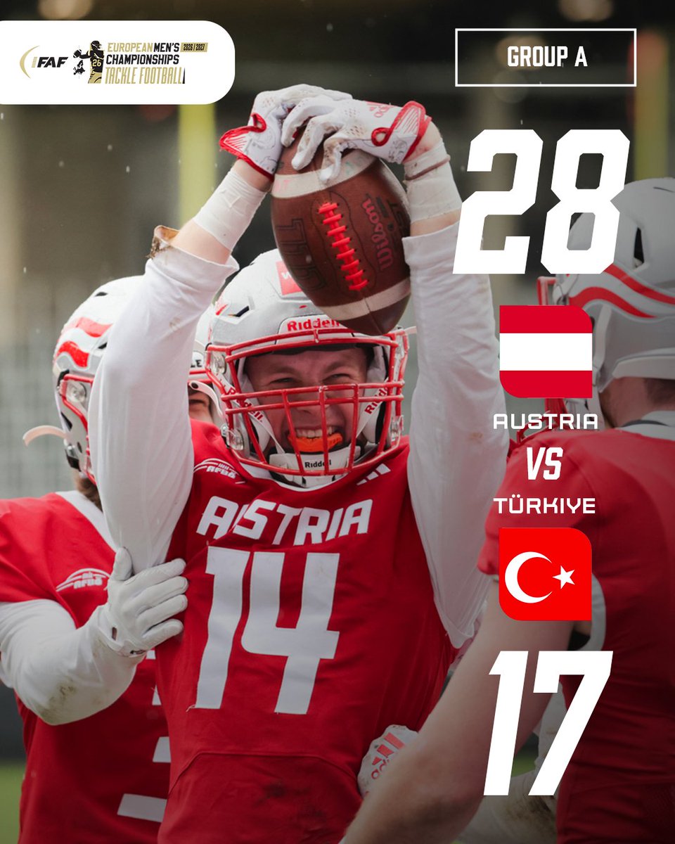 IFAFMedia's tweet photo. Defending champion Austria advanced to Final Four of IFAF Europe Championships with a 28-17 victory over Türkiye at the Diener Sport Club Stadion in Vienna.

#ifaf #europeanchampionship #finalfour
📸: David Bitzan / AFBOE https://t.co/2TGt41CM3l