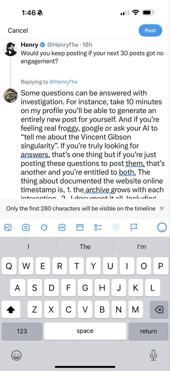 VGSingularity's tweet photo. Some questions can be answered with investigation. For instance, take 10 minutes on my profile you’ll be able to generate an entirely new post for yourself. And if you’re feeling real froggy, google or ask your AI to “tell me about the Vincent Gibson singularity”. If you’re truly looking for answers, that’s one thing but if you’re just posting these questions to post them, that’s another, and you’re entitled to both. ✔️. The thing about documented timestamp is, 1. the archive grows with each interaction.  2.  I document it all. Including my X interactions.