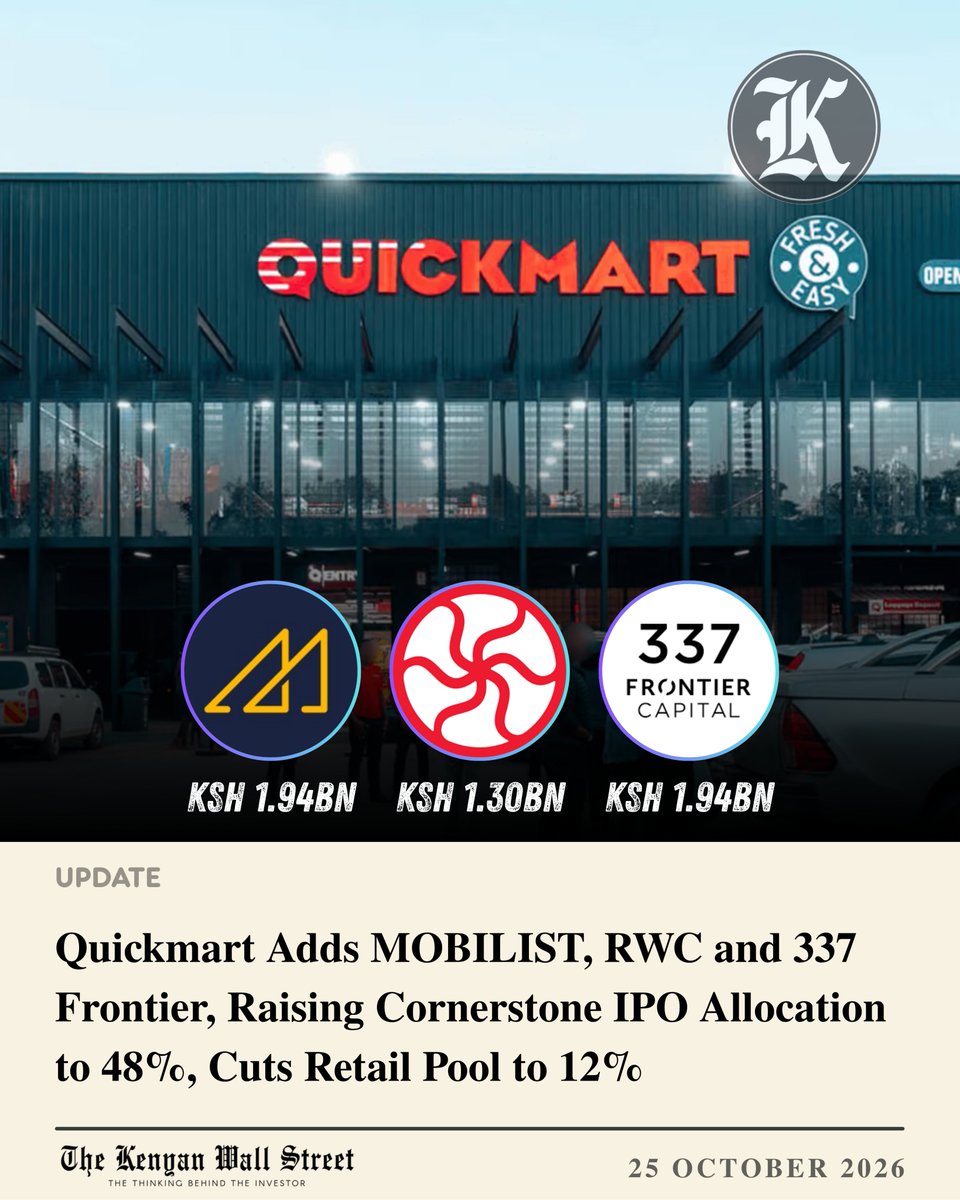 kenyanwalstreet's tweet photo. Quickmart has revised the allocation of its KSh 15Bn IPO after adding MOBILIST, RWC LLP and 337 Frontier as cornerstone investors alongside IFC.

Cornerstone investors will now receive an indicative 960Mn shares worth KSh 7.20Bn, equivalent to 48% of the 2Bn shares on offer.

The Kenyan and East African retail pool has been reduced to 12% from 20%, while local institutional investors receive 32% and foreign investors 8%.

MOBILIST and 337 Frontier each applied for about KSh 1.94Bn of shares, while RWC applied for about KSh 1.30Bn.

The KSh 7.50 offer price and 30 October closing date remain unchanged, and existing applications remain valid.