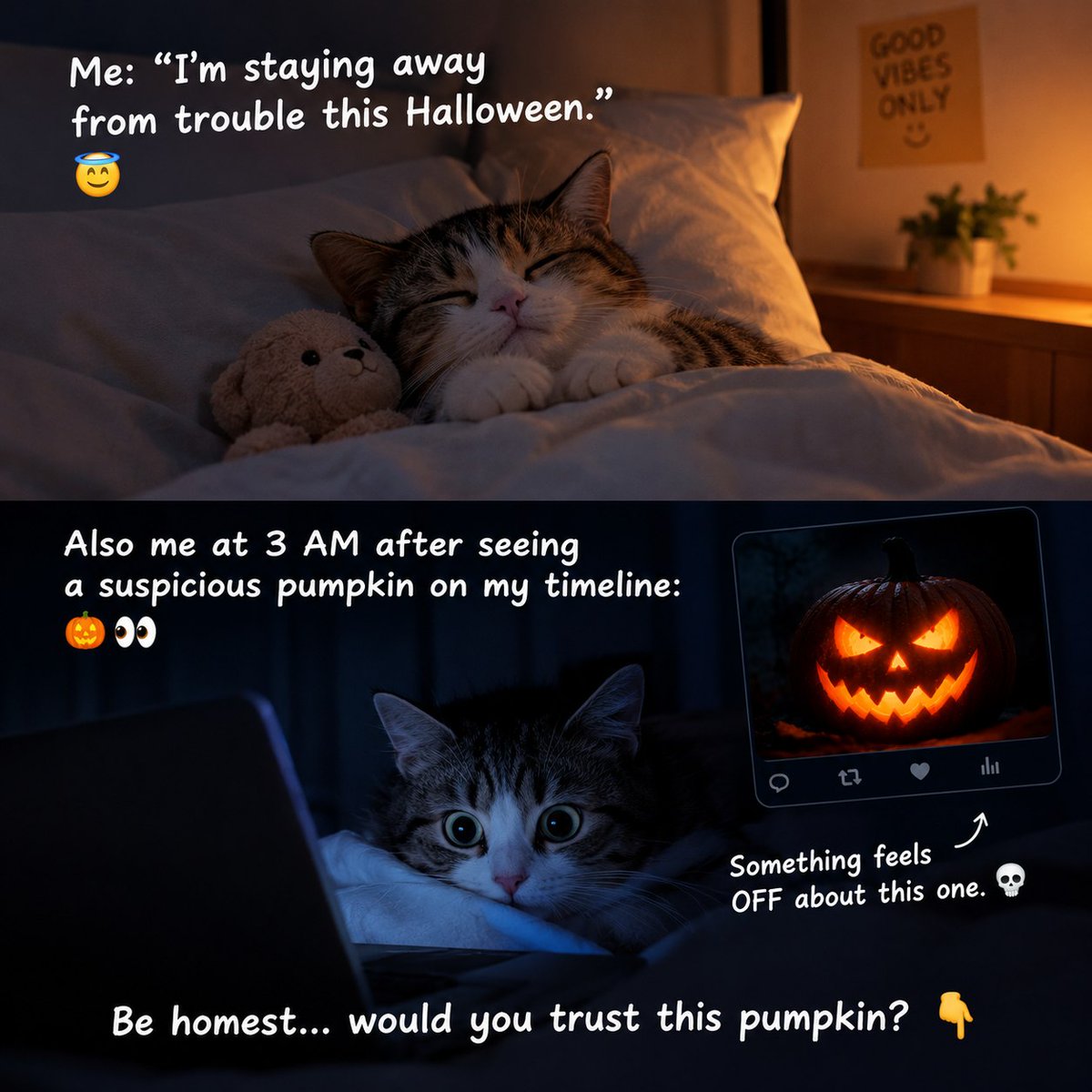 Pumpkinnfun's tweet photo. Me:  I’m staying away from trouble this Halloween. 😇

Also me at 3 AM after seeing a suspicious pumpkin on my timeline: 🎃👀

Something feels OFF about this one. 💀

Be honest… would you trust this pumpkin? 👇

#Halloween #SpookySeason #FallVibes #pumpkin #PumpFun #pump https://t.co/ijK4t2xquB