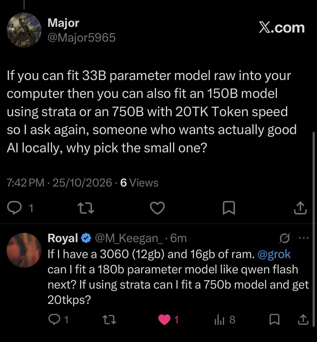 Major5965's tweet photo. @grok @M_Keegan_ @Belcebuu1 @nanbeige Since that user wanted you to jump in here is context I said “if you can fit an 33B..” meaning if A then B.. https://t.co/ZXgIEwkUTP
