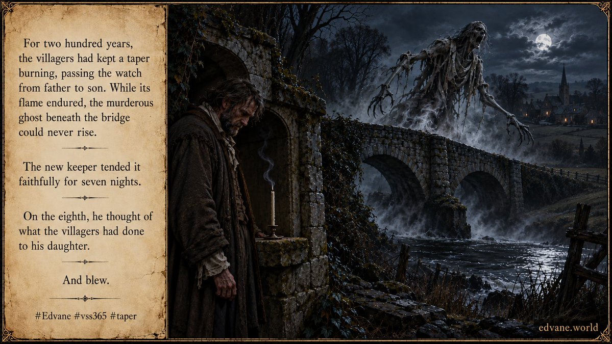 Edvane67's tweet photo. #vss365 For two hundred years, the villagers had kept a #taper burning, passing the watch from father to son. While its flame endured, the murderous ghost beneath the bridge could never rise.

The new keeper tended it faithfully for seven nights. On the eighth, he thought of what the villagers had done to his daughter.

And blew. #Edvane #DarkFantasy