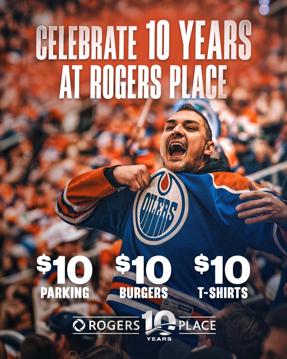 EdmontonOilers's tweet photo. A decade at @RogersPlace deserves something special. Celebrate with $10 parking 🚙, $10 burgers 🍔 &amp; $10 t-shirts 👕 at every #Oilers home game.

Details ➡️ https://t.co/tY2oPcOf11 https://t.co/cuUzZGsY1p