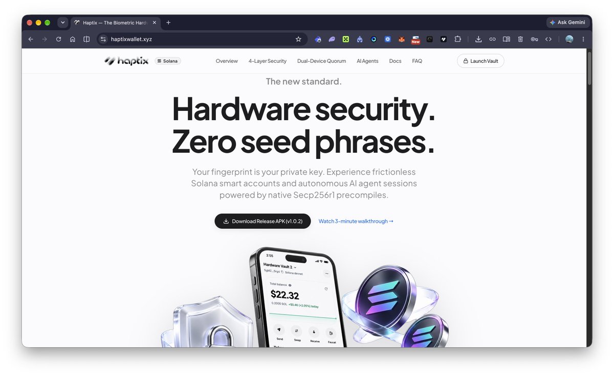 Ritesh5969's tweet photo. Big milestone for @HaptixWalllet 

Haptix is officially approved and live on the @solanamobile  dApp Store

Built for the CLOCK IN hackathon, Haptix brings seedless self-custody to Solana Seeker (Chapter 2)

Here’s what’s live so far 🧵

1/ Solana Mobile dApp Store

Haptix v1.0.2 (Build 3) passed the publisher security and reviewer checks (FUN-002 and PER-001)

Submission: #344280197850
Package: io.haptix.wallet
Release mint: HF6AUA7daN2Kk1k1z2p9r7K2E1Y1aZtdZoEQg

The app is now listed for Solana Seeker and Saga users

2/ Direct Android APK

You can also install the standalone APK on compatible Android devices running Android 9 or later (API 28+)

Download: https://t.co/Wtf6rnFFej

3/ Official website and developer docs

Our web ecosystem is now live on our custom domain

Main hub and Web Vault: https://t.co/DoMlxbHf88
Guardian Recovery Portal: https://t.co/U0e3GRILvj
Developer docs: https://t.co/RfXR6IurVT

Passkeys are bound to a relying party ID (RP ID), which is tied to the domain. This helps protect users against phishing attacks.

4/ Zero-key testing

Judges and reviewers can clone the repo and run the zero-key test suite without setting up private keys or funding a wallet

npm run test:no-key

The suite runs read-only RPC checks against Solana Devnet

5/ Automated tests and GitHub CI

Our test suite now has 324 automated tests across 14 suites, covering:

Secp256r1 precompile instruction introspection
Low-S canonical signature encoding
2-of-2 dual-hardware quorum for high-value transfers
24-hour social guardian recovery with owner veto

GitHub Actions automatically runs checks on every commit

Seedless self-custody. Biometric security. Support for autonomous agents.

Explore Haptix:

APK: https://t.co/Wtf6rnFFej

Website: https://t.co/DoMlxbHf88

Docs: https://t.co/RfXR6IurVT

GitHub: https://t.co/XvzZvW36K9