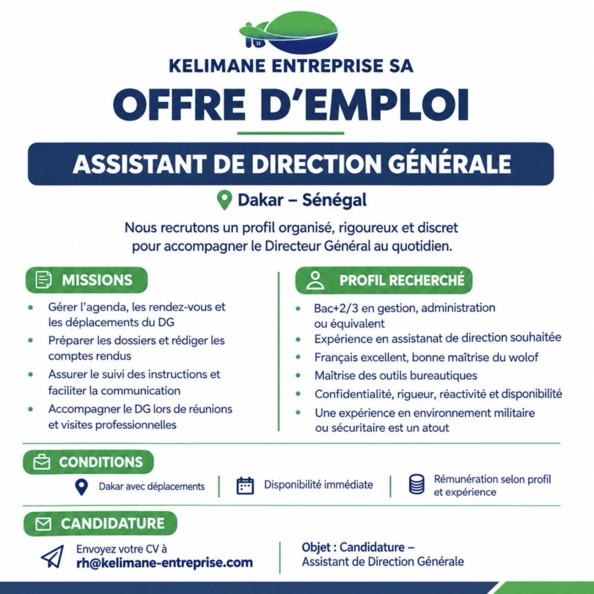 Zalebaate's tweet photo. 🚨🚨Kelimane Entreprise SA recrute un Assistant de
Direction Générale.
Vous avez le profil recherché et souhaitez rejoindre notre équipe ? Consultez les informations sur l'affiche et envoyez votre candidature à l'adresse indiquée.
E-mail : rh@kelimane-entreprise.com
Date limite de candidature : 28 octobre 2026. 

@Noo_IDcard @Nabyleu @Afterpro