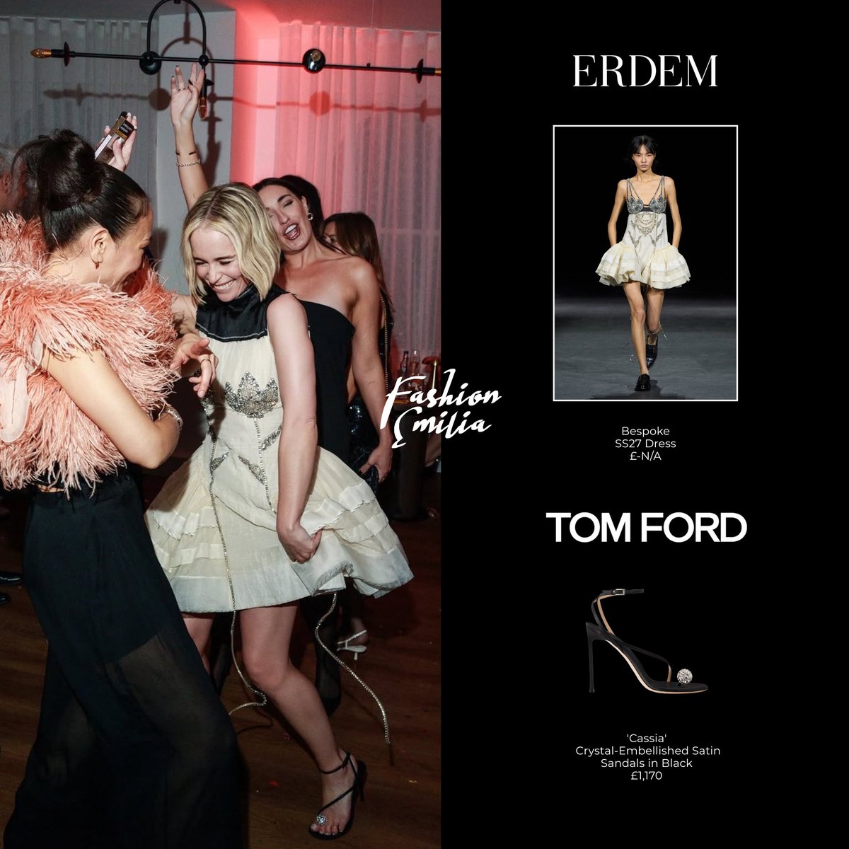 FashionEmilia's tweet photo. October 23, 2026.
Emilia Clarke attended her birthday party in London, England, she wore:
#Erdem Bespoke SS27 Dress (£-N/A)
#TomFord 'Cassia' Crystal-Embellished Satin Sandals in Black (£1,170) https://t.co/2OLYH7wxUr