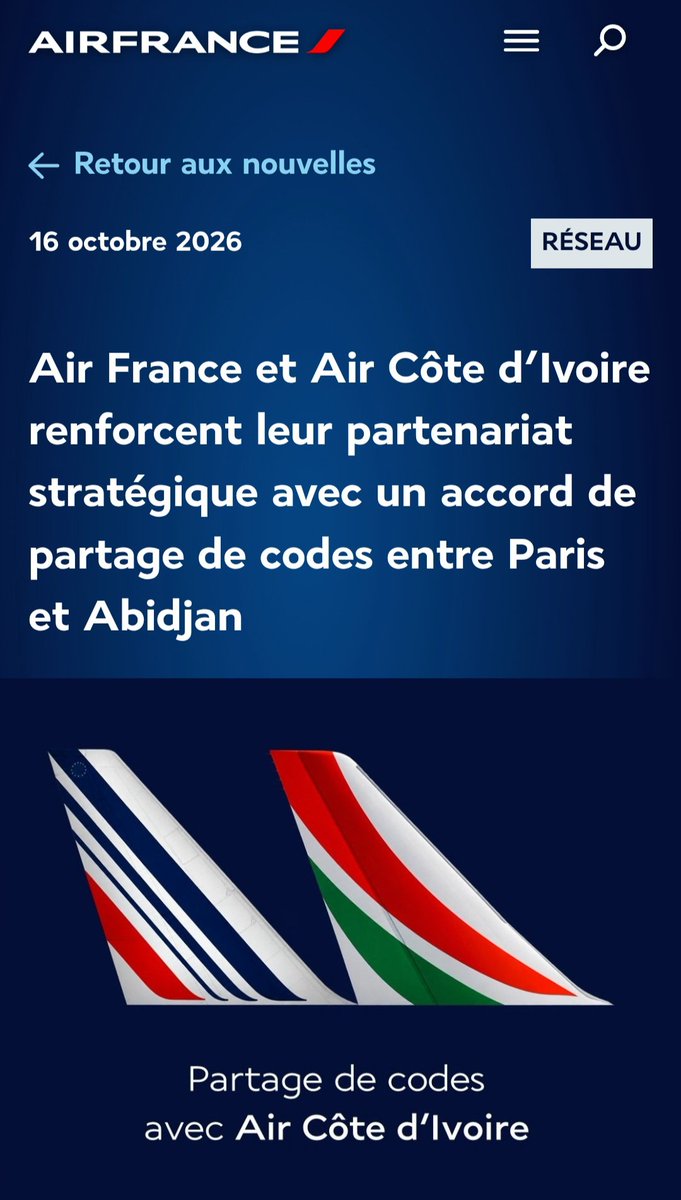 xprocoder's tweet photo. Entrée en vigueur de l'accord stratégique de partage de codes (code-share) entre Air Côte d'Ivoire et Air France sur l'axe Paris-Abidjan

L'accord commercial et opérationnel de partage de codes réciproque (code-share) scellé entre la compagnie nationale Air Côte d'Ivoire et le groupe Air France est officiellement entré en vigueur ce dimanche 25 octobre 2026.

À compter de ce jour, Air France appose son identifiant de vol sur les liaisons opérées par Air Côte d'Ivoire entre l'aéroport international Félix Houphouët-Boigny d'Abidjan et l'aéroport de Paris-Charles de Gaulle, et inversement.

Vous pouvez désormais prendre votre billet combiné pour faire Abidjan-Paris et continuer partout dans le monde avec les bagages enregistrés direct. Notre compagnie nationale grandit et remplit ses avions.