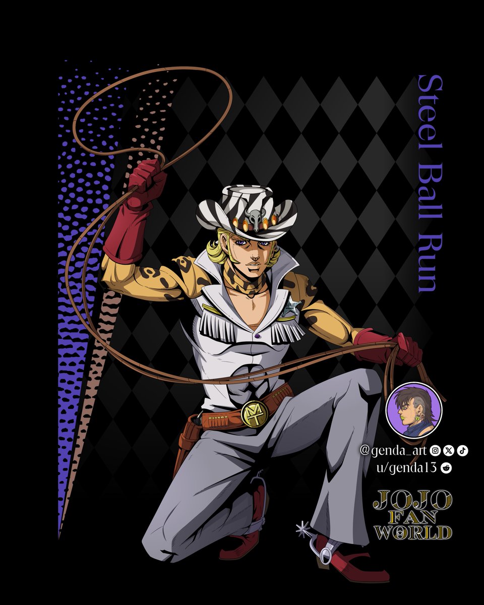 jojofanworld's tweet photo. 🐎 Part 7: Steel Ball Run
The race across America starts now. Master the spin and follow the path to the Holy Corpse. 🏜️🔩

Character: [Mountain Tim]
Artist: [ @genda_art  ]

New posts every day at 7 PM CET | 1 PM EST | 10 AM PST 🕒 #jojofanworld https://t.co/vR6A8AGYHv
