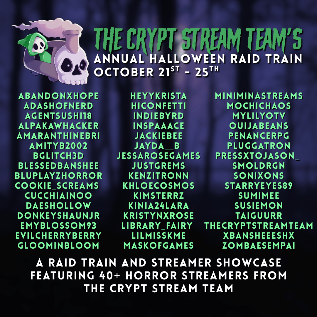 lilmisskme3's tweet photo. The Kindness Scarecrow has hopped onto @TheCryptTeam 's annual Halloween Raid Train. The train will be stopping by at 3pm EST until 5pm EST
Go check out @susiemonttv for amazing horror rugs being made LIVE. We'll visit @MochiChaosVT after!

#raidtrain | #halloween https://t.co/Xhw4r4IPwL