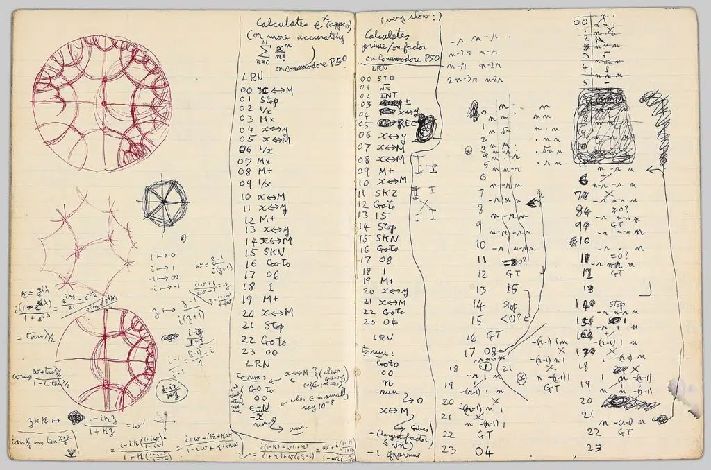 matheorems's tweet photo. This is what thinking looks like on paper

Sir Roger Penrose’s handwritten notebooks

Red-ink hyperbolic circles next to Commodore P50 calculator code for primes and e

Working sketches of aperiodic tilings, polyhedra, spin networks, Cayley algebra, and black hole entropy

Not polished theory. The theory being found
