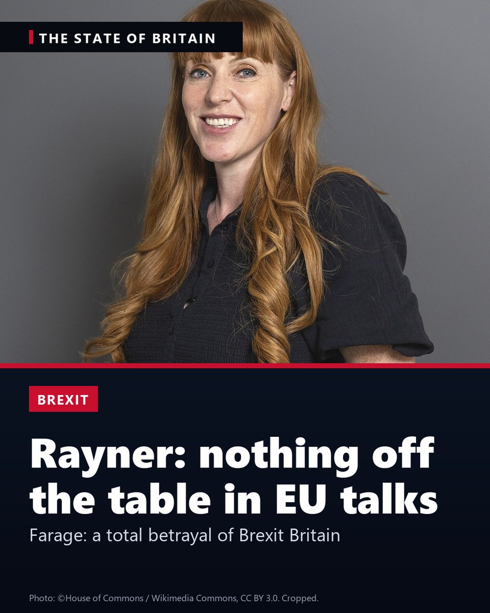 stateofbritain1's tweet photo. Nothing off the table. Housing Secretary Angela Rayner would not rule out any part of Andy Burnham's EU rethink on the BBC today, a day after the Prime Minister put free movement up for discussion. Nigel Farage calls it "a total betrayal of Brexit Britain". Kemi Badenoch said most Brexit voters wanted free movement ended. Did anyone vote for this?