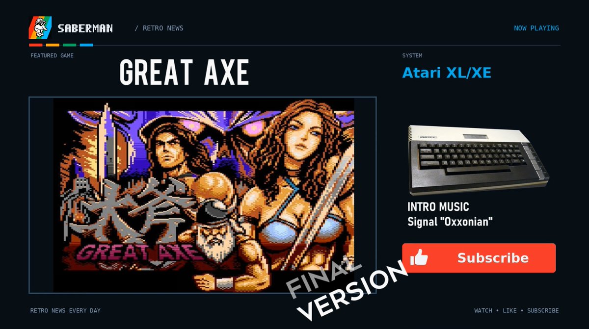 SabermanYT's tweet photo. Atari XL/XE -=Great Axe=- final version
https://t.co/D8tJkV0e25
#atari #atari8bit #retronews #retrocomputing #indieretronews https://t.co/jCEoxCvRR7