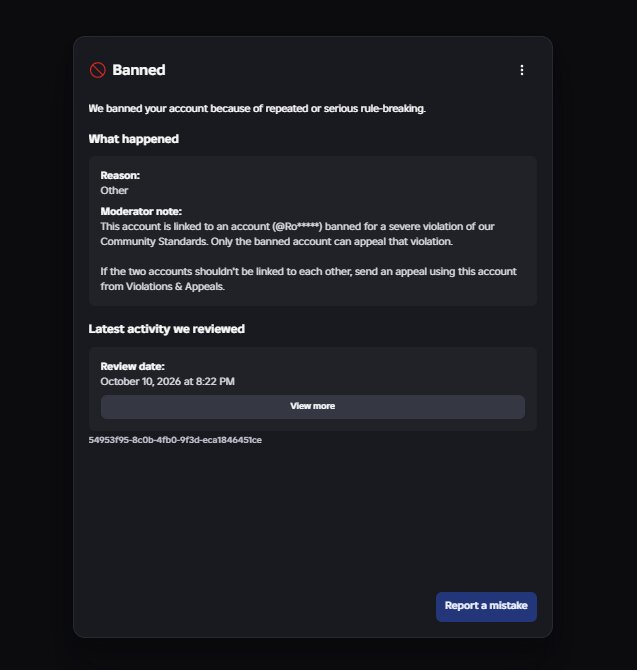p3kyx's tweet photo. Banned on @Roblox for account linking to an acc I have NEVER seen/owned. It sends automated copy paste responses and refuses to manually review my case

the funny part? i was banned for 6 months before after being hacked, ive never even played

~9 years of work gone💔

User: p3ky https://t.co/zfGns9H8M3