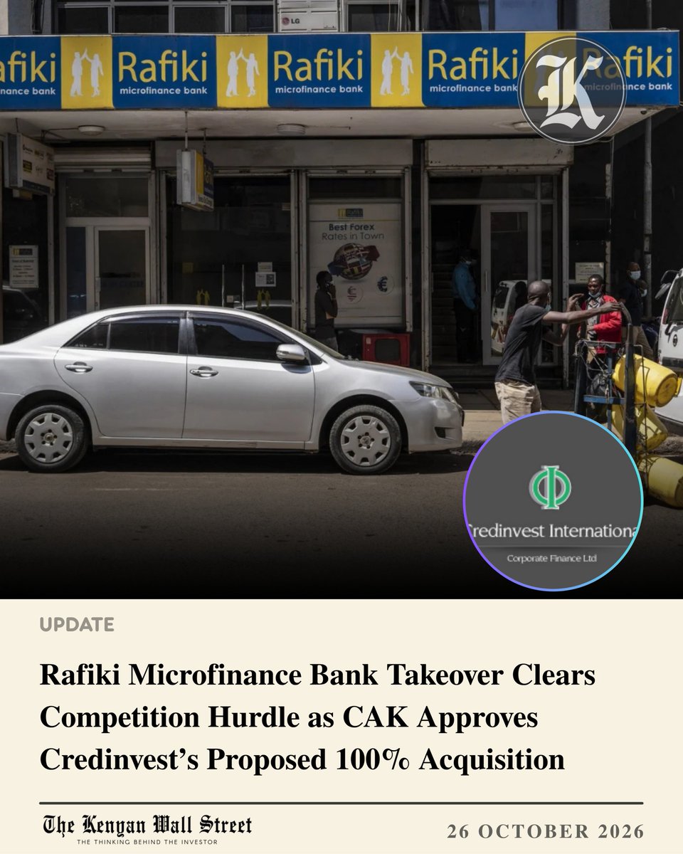 kenyanwalstreet's tweet photo. The Competition Authority of Kenya has authorised Malta-based Credinvest International Corporate Finance Limited’s proposed acquisition of 100% of Rafiki Microfinance Bank

In 2021 Rafiki sought a buyer for Chase Bank’s shareholding after exclusion from SBM’s 2018 acquisition of selected Chase assets and liabilities.

Credinvest is a corporate finance and consulting firm founded in 1993.