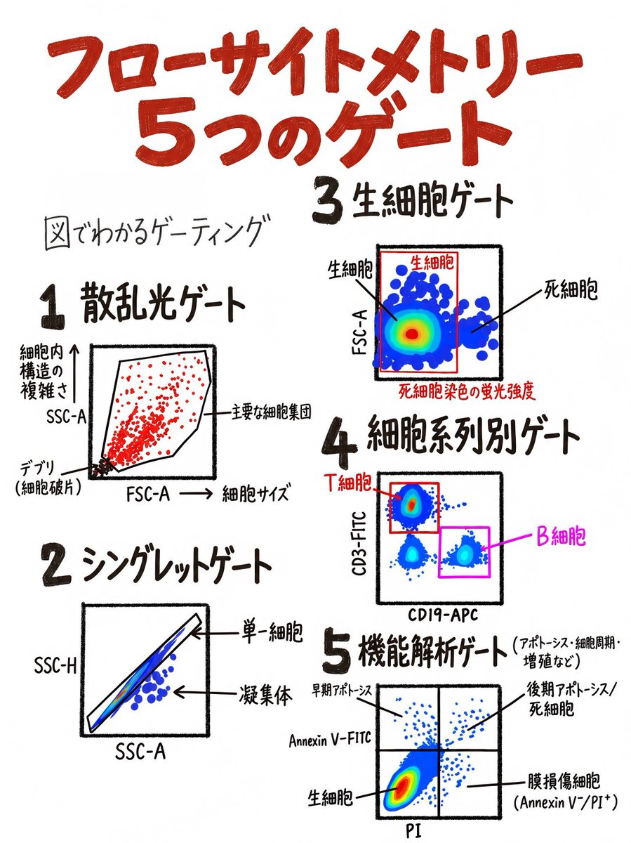 BioGDP's tweet photo. 皆さん、月曜日ですね！今週もよろしくお願いします😊

分かりやすい図づくりは、実験の流れを理解することから。今日は、作図ツールのBioGDPと一緒に、ゲーティングの順序に沿って、フローサイトメトリーの5つの基本を確認してみましょう🧐

1️⃣ FSC／SSCで細胞集団を選ぶ
細胞の大きさや内部構造を反映する散乱光を手がかりに、目的の細胞集団を選び、デブリなどを除外します。
2️⃣ シングレットを選ぶ
FSC-AとFSC-Hなどの関係から、単一細胞の集団を選択。ダブレットや細胞の凝集による���響を減らします。
3️⃣ 生細胞を選ぶ
生死判別色素を使って、生細胞と死細胞を区別。死細胞による非特異的な染色の影響を抑えます

4️⃣「細胞種の識別」と5️⃣「機能解析」の解説・図は、リプライに続きます👇

🧬 実験の流れを理解したら、次は「伝わる図」に。
🔗 https://t.co/m6JtKoNVOX

試料調製から染色、測定までの実験フローや、細胞集団・解析目的を説明する模式図に、BioGDPのイラスト素材をご活用ください。論文Figureや発表スライドで、研究の全体像を伝える図づくりをサポートします✨
#フローサイトメトリー #ゲーティング #実験 #生命科学 #研究者 #大学院生 #科学イラスト #BioGDP