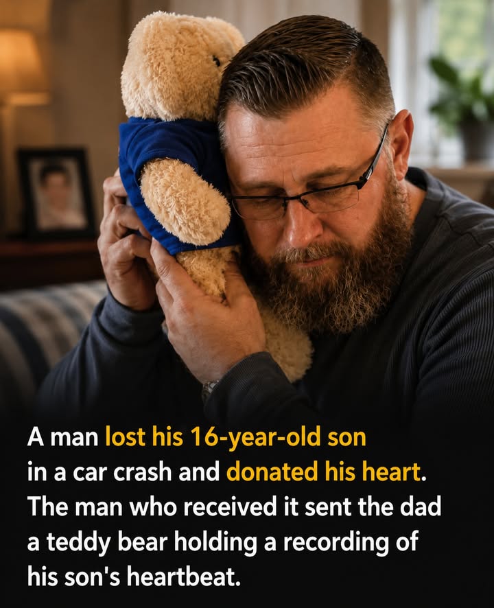 ThinkingHumanit's tweet photo. A Heart That Never Stopped Beating ❤️

Dakota Reid was sixteen years old — bright, full of life, and impossible not to love. He dreamed of becoming a rapper, had a gift for making people laugh with his spot-on impressions of his dad, and carried the kind of warmth that made it hard for anyone around him to stay sad for long. He had no enemies, only people who were better for knowing him.

Then a car crash changed everything.

The injuries were devastating. For days, Dakota fought with everything he had. In the end, there was nothing more the doctors could do. John Reid, Dakota’s father, heard the words no parent should ever have to hear.

Even in the crushing weight of that moment, John made a choice that would ripple far beyond his own grief. He decided to donate his son’s organs so that other families might be spared the call he had just received.

Five people were given a second chance at life that day. One of them was a man named Robert “Bob” O’Connor, who had been living on borrowed time with a failing heart. Dakota’s heart became his.

For nearly a year, the two families remained strangers, connected only by the quiet gift of life. Then Bob decided he needed to say thank you in a way that words could never fully reach.

During one of his hospital check-ups, with the help of the medical staff, he recorded the steady, living rhythm inside his own chest — Dakota’s heart, still beating strong.

He had that recording sealed inside a teddy bear, dressed the bear in a soft shirt that read “Best Dad Ever,” and sent it to John.

When John pressed the bear’s paw and heard that familiar heartbeat fill the room, it took him straight back to the hospital nights when he would gently rest his head on his son’s chest just to listen to that same sound — praying, hoping, memorizing every beat.

Dakota is gone. But his heart never stopped beating.

And now, thanks to one man’s extraordinary gratitude, his father can hold it close whenever the missing feels too heavy.

A boy who wanted to make music left behind the most powerful rhythm of all — the steady, life-giving beat that still echoes in someone else’s chest, and in the heart of the father who loved him first. 💛