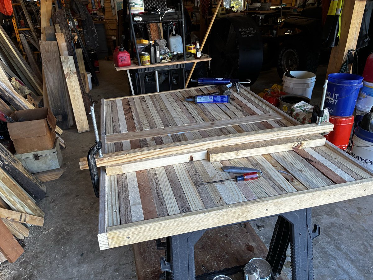 BigTimberCustom's tweet photo. I’ve been trying to knock a table a week out for the VFW project.  I’m covering some high-top old Government tables to make them look a little more Appalachian-Like so they blend in better with the rest of the building.   Here’s today’s job. https://t.co/JNqy9onM4S