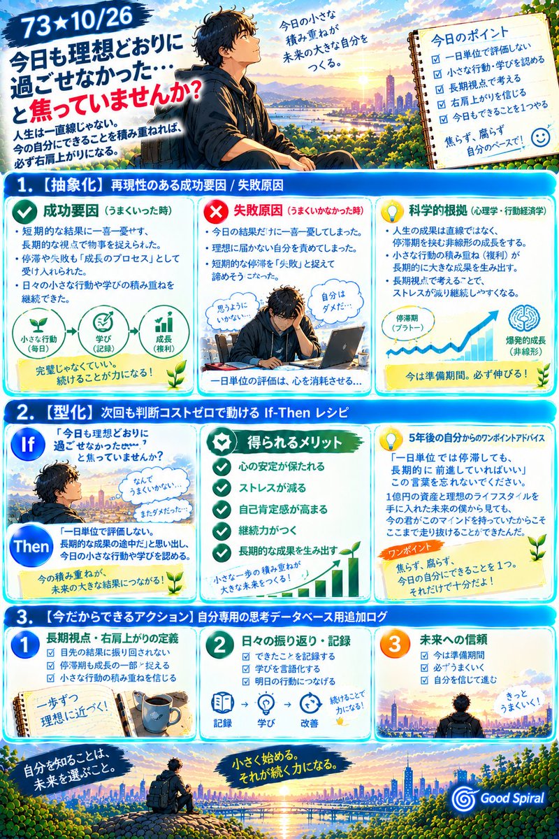 parakeet115's tweet photo. 73★10/26｜「今日も理想どおりに過ごせなかった…」と焦っていませんか？【解決策】If:成果が出ない日や停滞を感じたら Then:一日単位で評価せず、「今日の小さな行動や学びも理想へ向かう道の途中」と捉え直す。長期的な複利の力を信じ、数年単位の右肩上がりの人生を歩もう。 #習慣化 #AI https://t.co/F0y2Zi5mnJ
