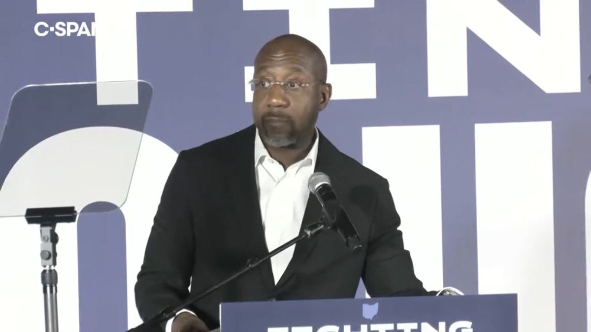 PollTracker2024's tweet photo. C-SPAN: Raphael Warnock campaigns in Ohio for Acton and Brown

Warnock: “I want the voters of Georgia and the voters of Ohio to vote like Donald Trump's name is on the ballot.” https://t.co/r4oq9yCzo5