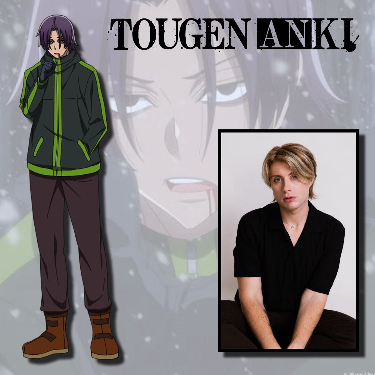 DamanMills's tweet photo. Tougen Anki: Season 2 is underway, and the first episodes of the English dub are now live on @Crunchyroll!

I’m the voice of Yu Innami, the sickest and coughiest lad in all the land. 🥴🩸

Thank you @BangZoom and @Warmupguy for having me! ✨💜 https://t.co/RIdSwMMaZQ