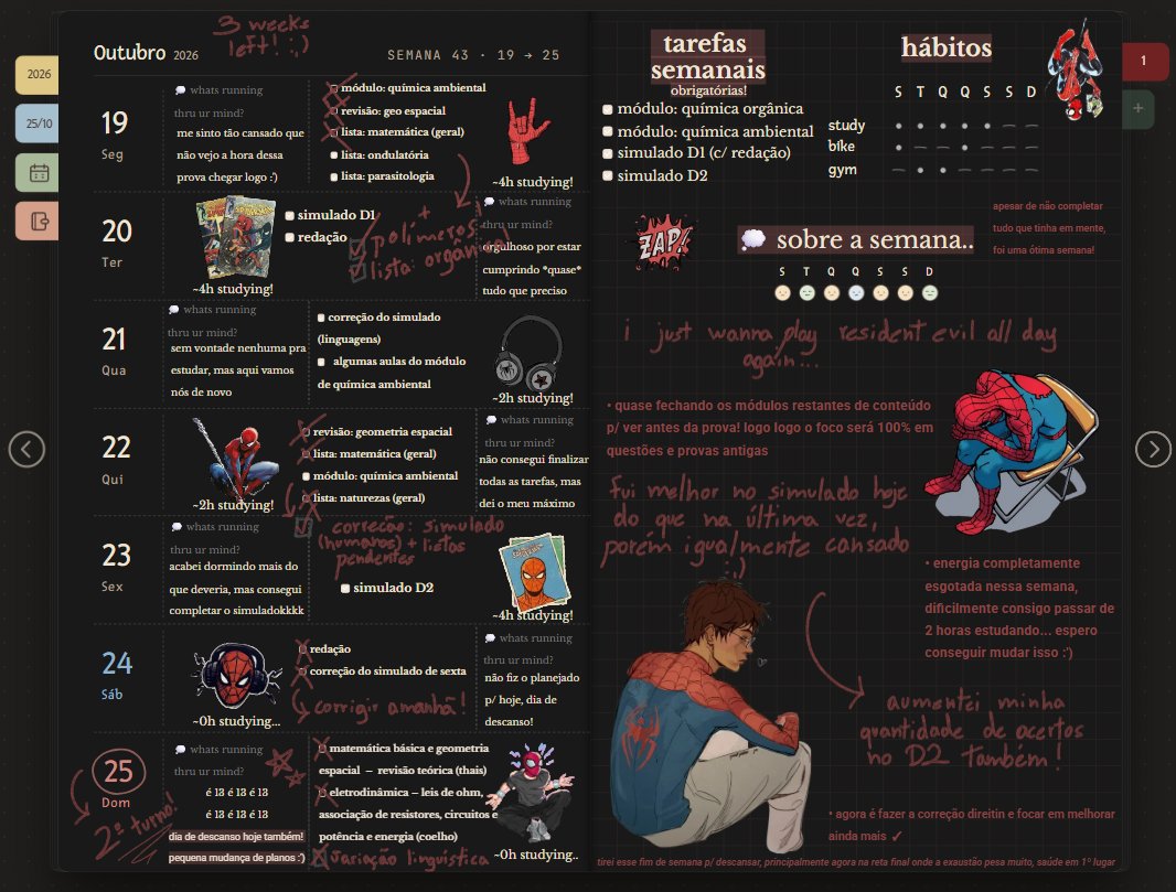 spiderduty's tweet photo. semana concluída! infelizmente tive que deixar muita coisa de lado por cansaço, mas foi uma boa semana apesar de tudo. me divertindo muito usando o hibi pra me organizar #hibiweek https://t.co/sVu5bfIR7Y