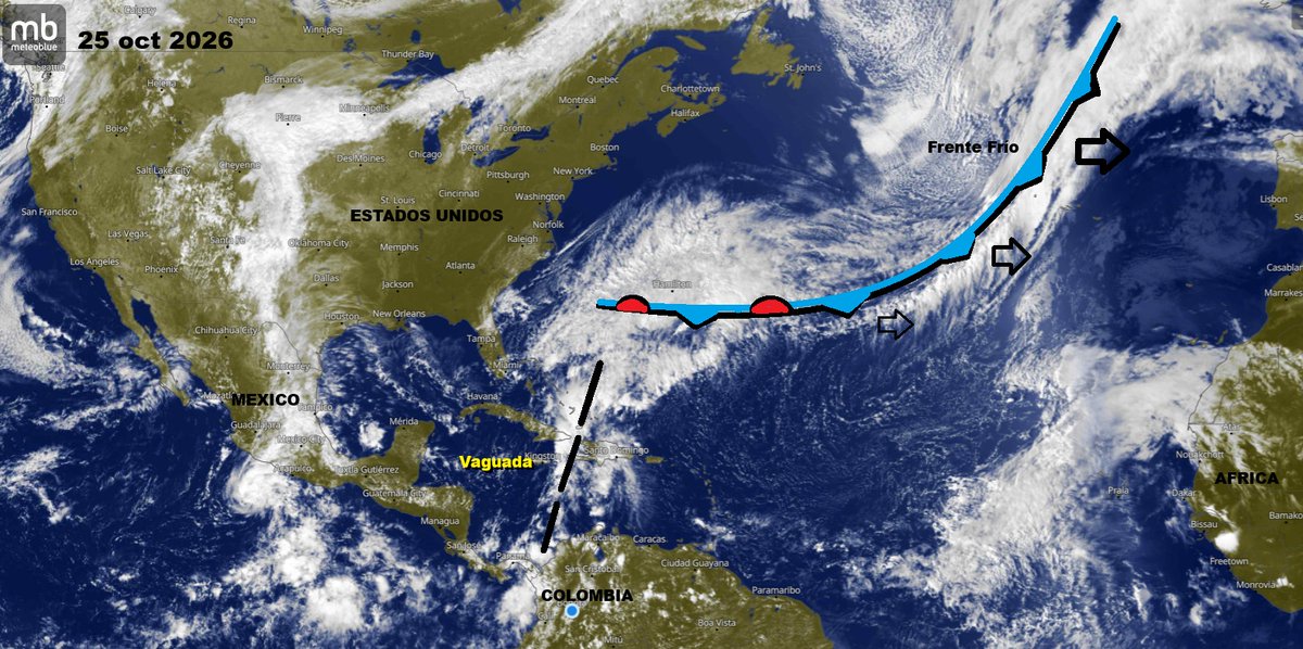HenriquezMax's tweet photo. Esta es la situación de hoy domingo 25 de oct de 2026. Un frente frío cruzando el Atlántico y una vaguada asociada a ese frente que llega hasta las costas colombianas. Podría alterar el estado del mar, pero es más probable la presentación, de nuevo, de aguaceros en Colombia https://t.co/0aySfGQ8Uk