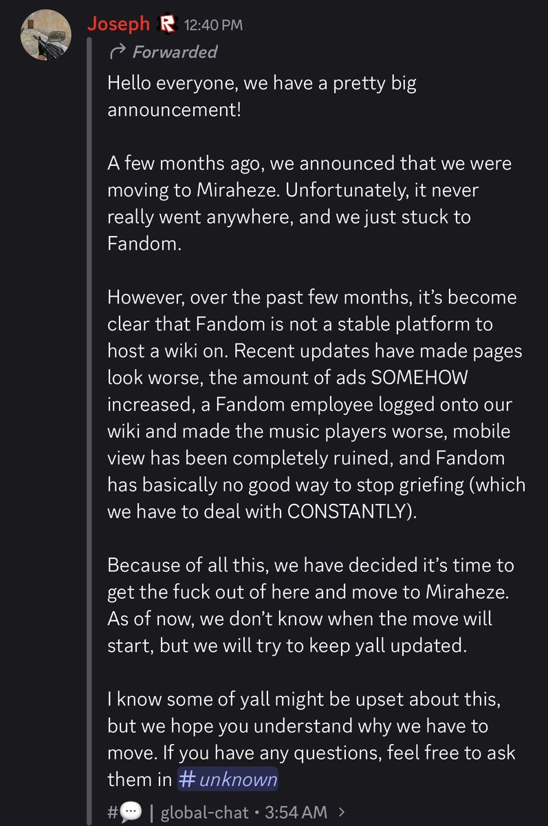 RobloxARGNews's tweet photo. #RobloxARG NEWS

The Roblox Webseries Wiki is now moving to Miraheze due to Fandom being an unstable platform to host a wiki on. Read the screenshot below for more information https://t.co/x0zodSBoHd