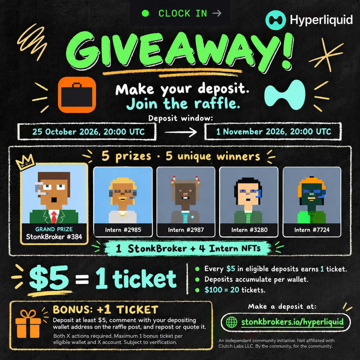 stonkbrokershub's tweet photo. WIN BIG. CLOCK IN.

1 StonkBroker. 4 Interns. 5 winners.
Your entry starts at $5.

Every $5 deposited = 1 ticket.
Oct 25–Nov 1, 20:00 UTC.

Get 1 bonus ticket: deposit $5+, reply with your depositing wallet address AND repost or quote this post. https://t.co/dpxCQ6Cssr