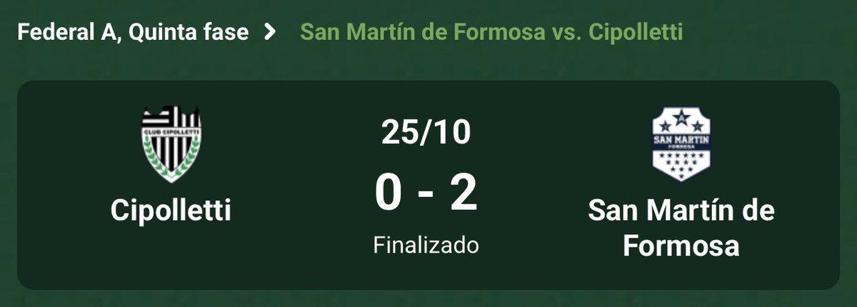 Promiedos's tweet photo. SAN MARTÍN DE FORMOSA DERROTÓ A CIPOLLETTI Y ASCENDIÓ A LA PRIMERA NACIONAL. https://t.co/dbr8XUuatM