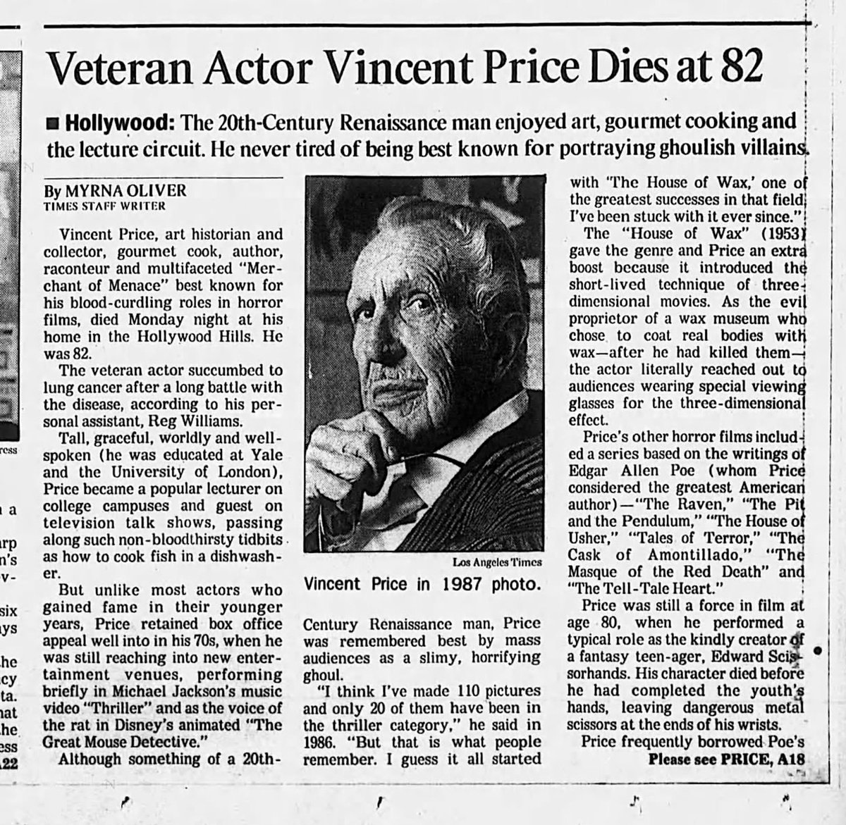RetroNewsNow's tweet photo. On October 25, 1993, Vincent Price died at the age of 82 https://t.co/CxNOiWNiSA