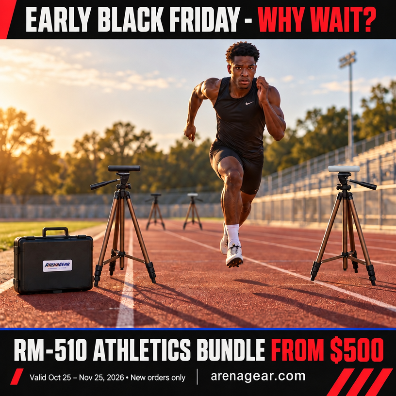 ArenaGearTimers's tweet photo. Early Black Friday: the RM-510 Athletics Bundle is now FROM $500 – why wait? Trusted by thousands of pro teams, universities and schools. Football, track &amp; field, sprints, agility &amp; combine. Valid Oct 25 – Nov 25, 2026, new orders only. https://t.co/7k3DxrY7R8 #BlackFriday https://t.co/pfxzS1iS3S