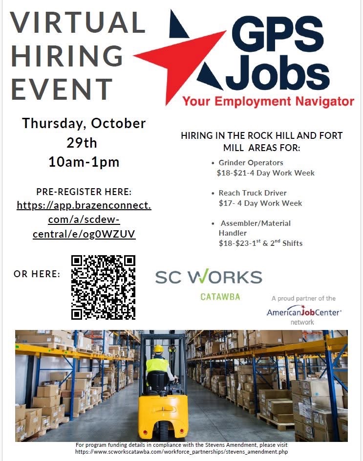 gpsjobs's tweet photo. 🎉 VIRTUAL HIRING EVENT - ROCK HILL & FORT MILL AREAS! 🎉
Looking for a new opportunity? Join our event on Thursday, October 29th, from 10AM-1PM!
📲 Click the registration link below to register today!
🌐 https://t.co/ur2ihit9KZ
#NowHiring #HiringEvent #GPSJobs https://t.co/RCAq0IoM8Q