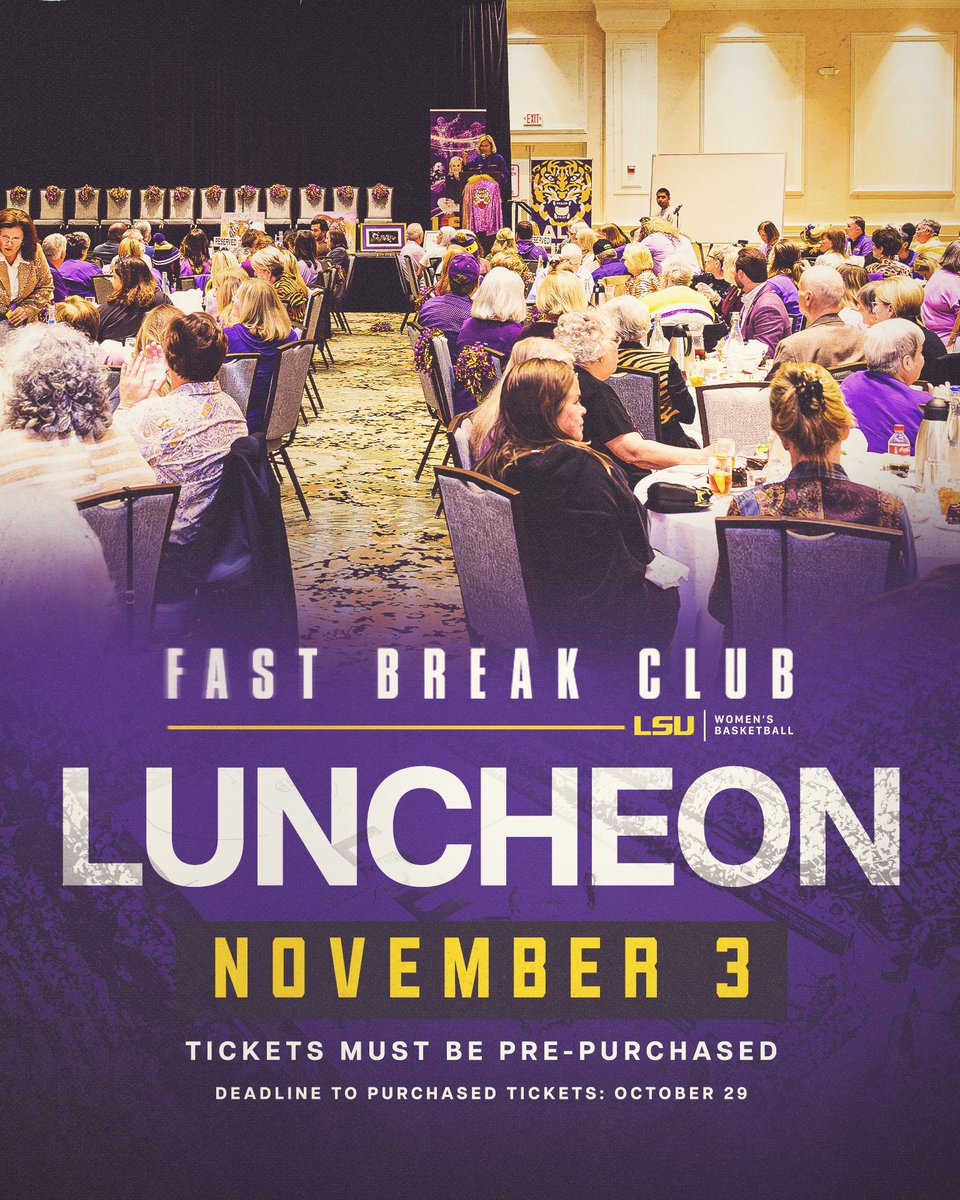 LSUwbkb's tweet photo. Join us for the LSU Women’s Basketball Fast Break Club Luncheon on November 3!

Come enjoy our first luncheon (no membership required) &amp; see what the Fast Break Club is all about.

🎟️ Purchase your tickets by October 29: https://t.co/7hMtPAP0iW https://t.co/L9pkvIq5Uw