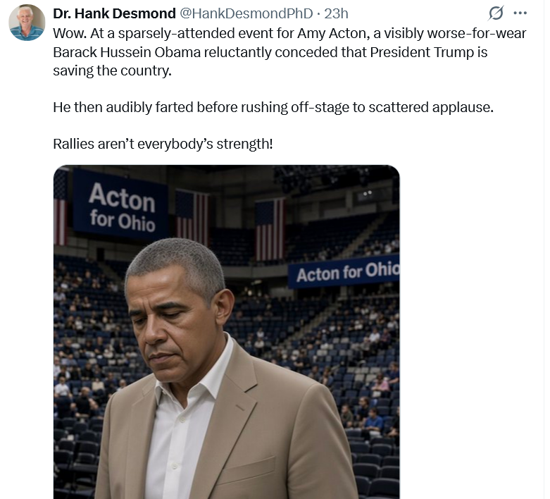 amanda_booberry's tweet photo. @SenateTim @HankDesmondPhD That guy's feed is full of obvious AI slop.
There's his version of Obama yesterday, then there's reality. Some serious RWNJ cope happening there. https://t.co/chYgxnTwTV