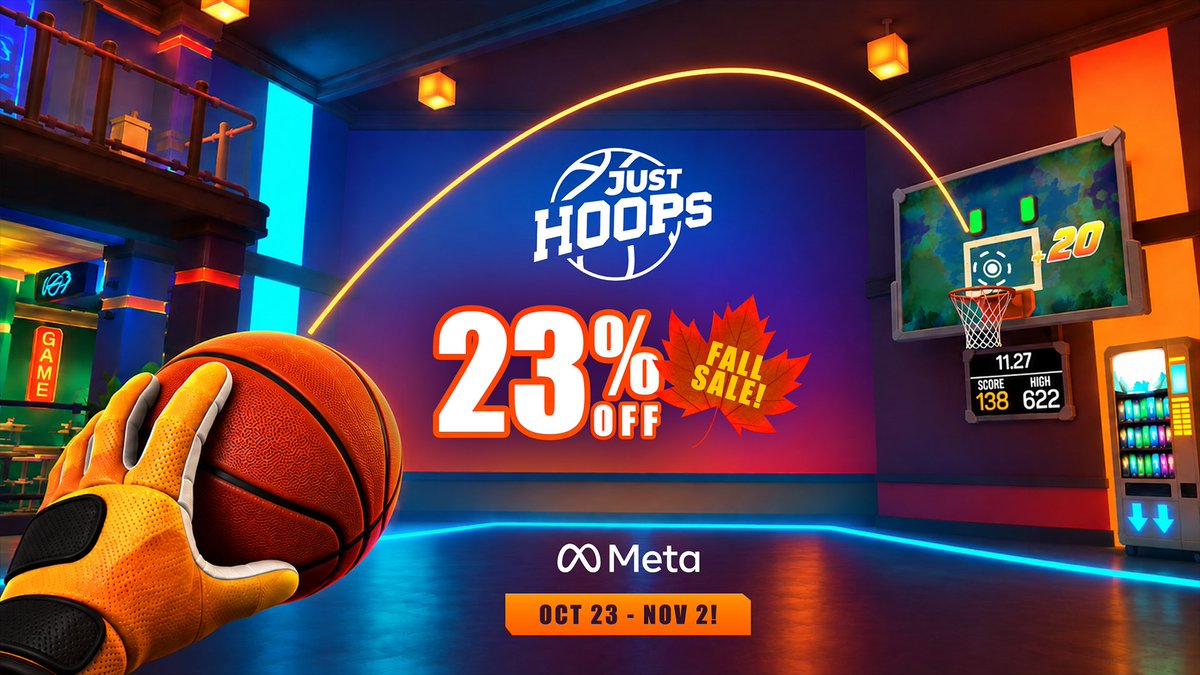RealcastAR's tweet photo. Score Big in the Meta Fall Sale! Grab your headset and start sinking buckets today from Oct 23 – Nov 2!   

🔥 Just Hoops: 23% OFF   
🔥 Just Hoops Nano: 25% OFF   

Don't miss out on these Meta deals. 🏀

#VRGaming #MetaQuest #Sale https://t.co/ctBjGArCrX