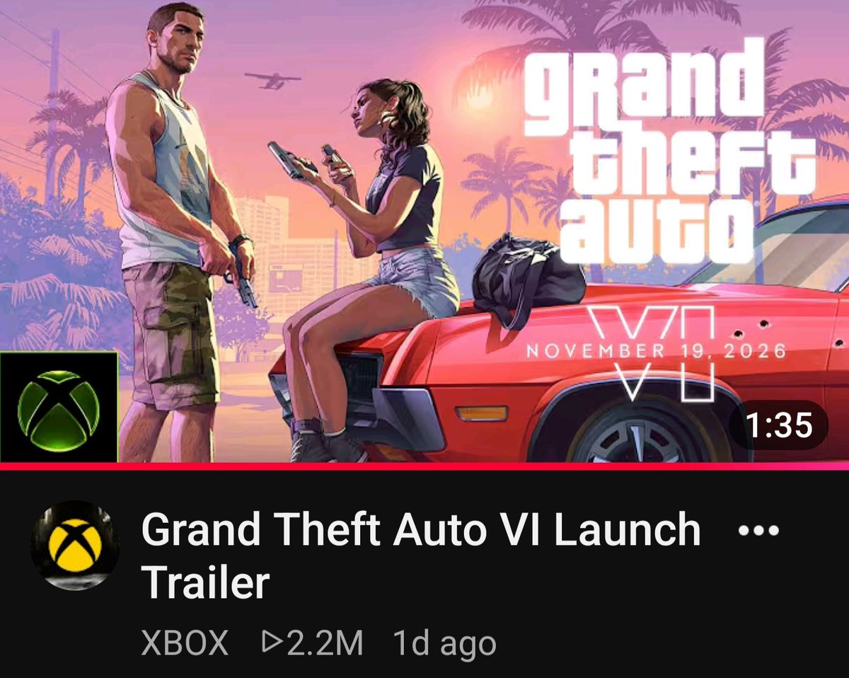 DaLegendaryXbot's tweet photo. The GTA6 trailer only been out  on XBOX YouTube account for 1 day and it already got more views than the Playstation YouTube account even though the trailer been on the Playstation account for 9 whole days. Shaking my head. #JustGetAnXBOX https://t.co/nCfMVhuBA3