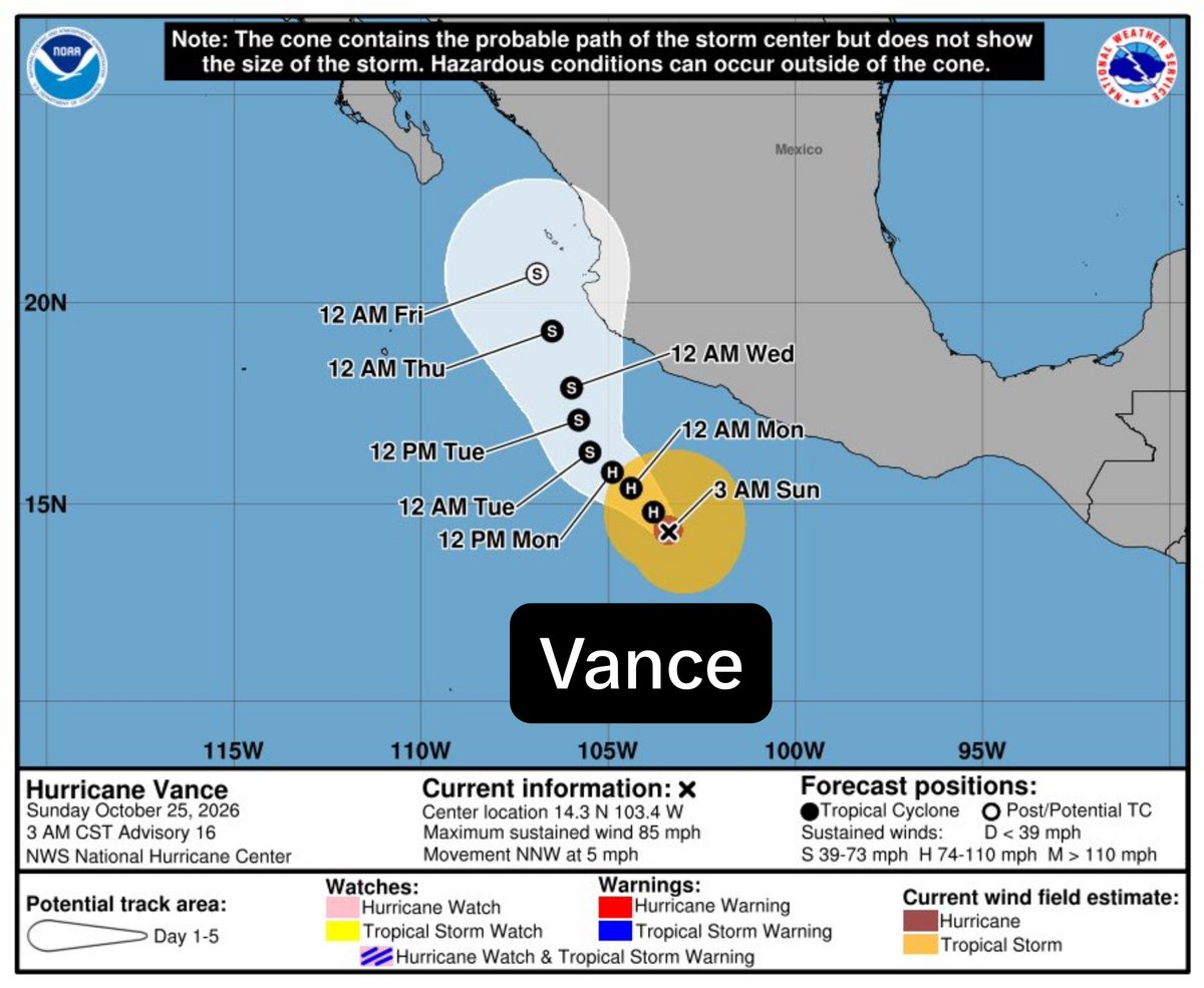 ClimamexBC's tweet photo. El Huracán #Vance parece que no golpeará directamente a Jalisco , hay cambios en su trayectoria al Oeste.
Seguirá los pasos de Trudy, Simon Rachel y polo. 🌀 https://t.co/MW3BK9yGEO